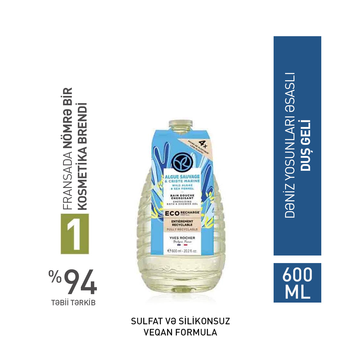 Bədən üçün eko-qablaşdırmada dəniz yosunları əsaslı duş geli, 600 ml