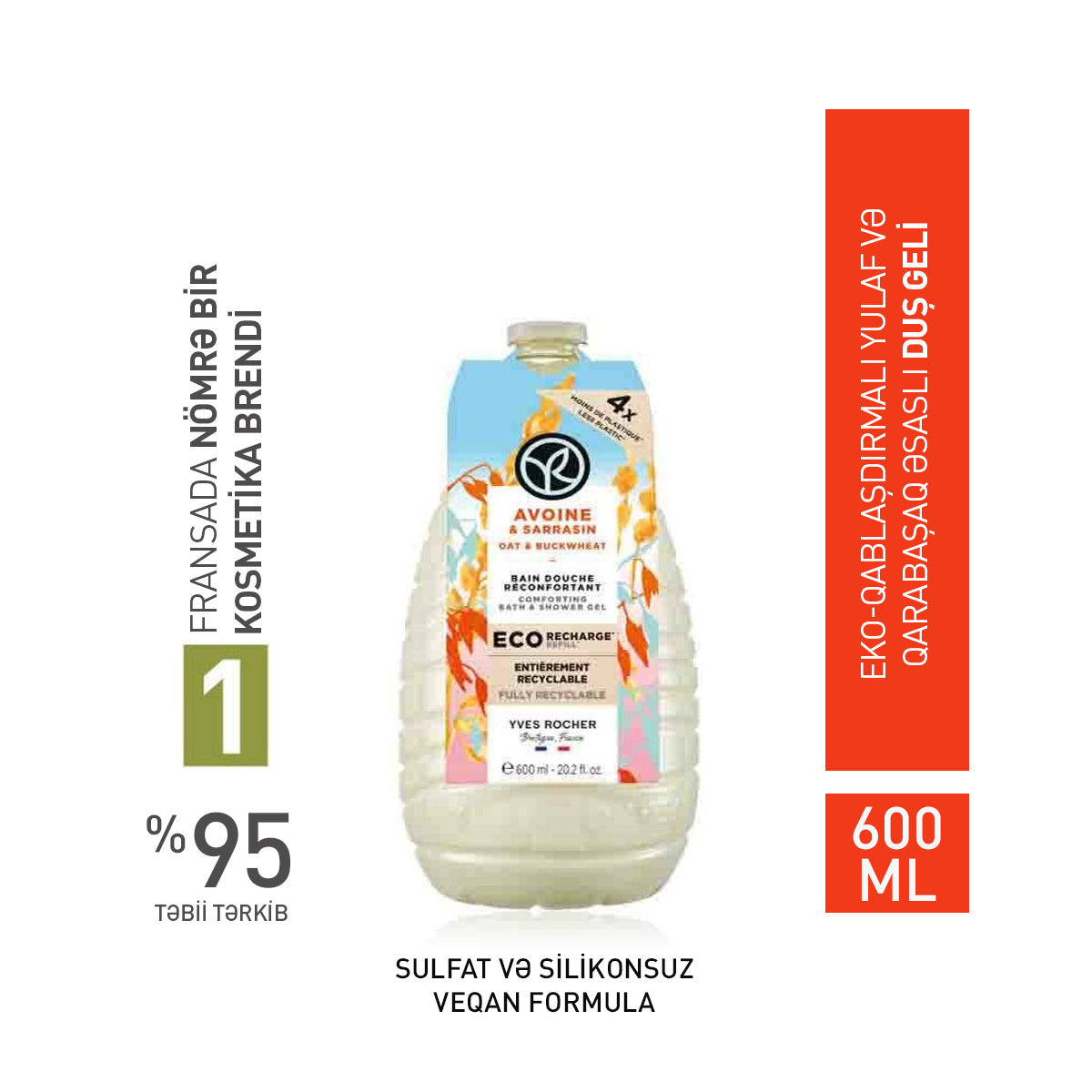 Bədən üçün eko-qablaşdırmada qarabaşaq və yulaf əsaslı duş geli, 600 ml