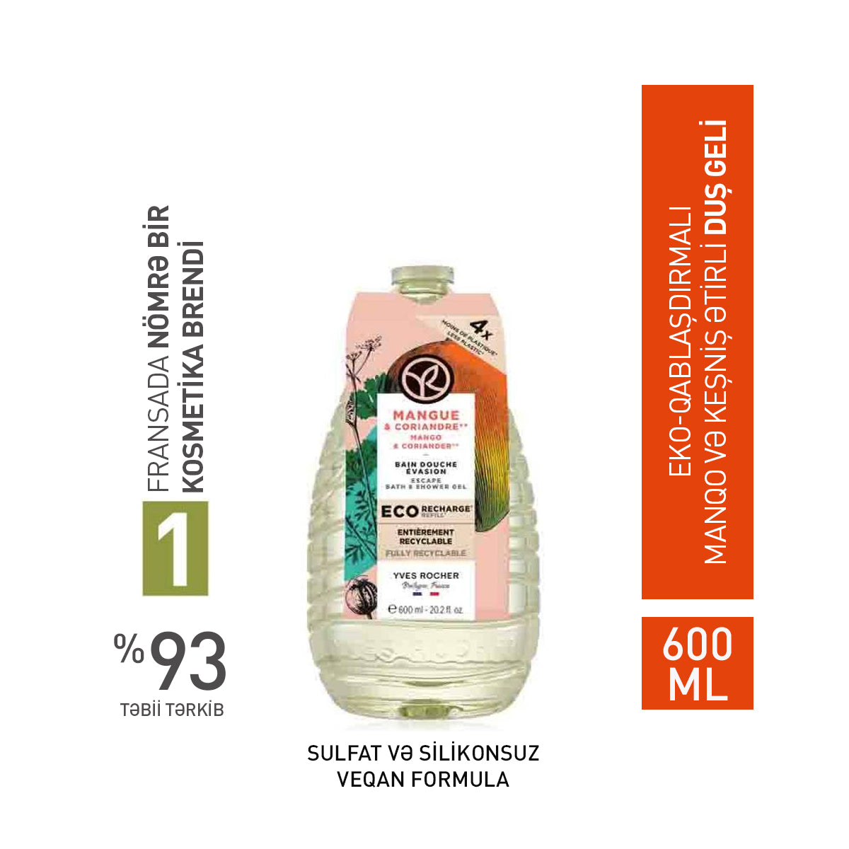 Bədən üçün eko-qablaşdırmada manqo və keşniş əsaslı duş geli, 600 ml