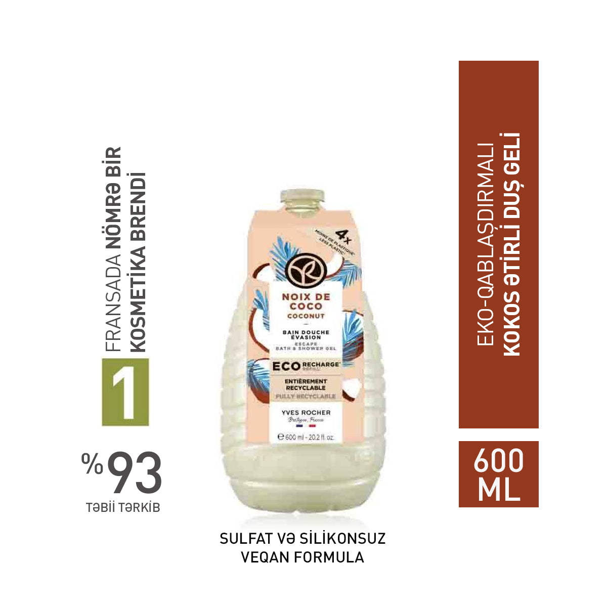 Bədən üçün eko-qablaşdırmada kokos əsaslı duş geli, 600 ml