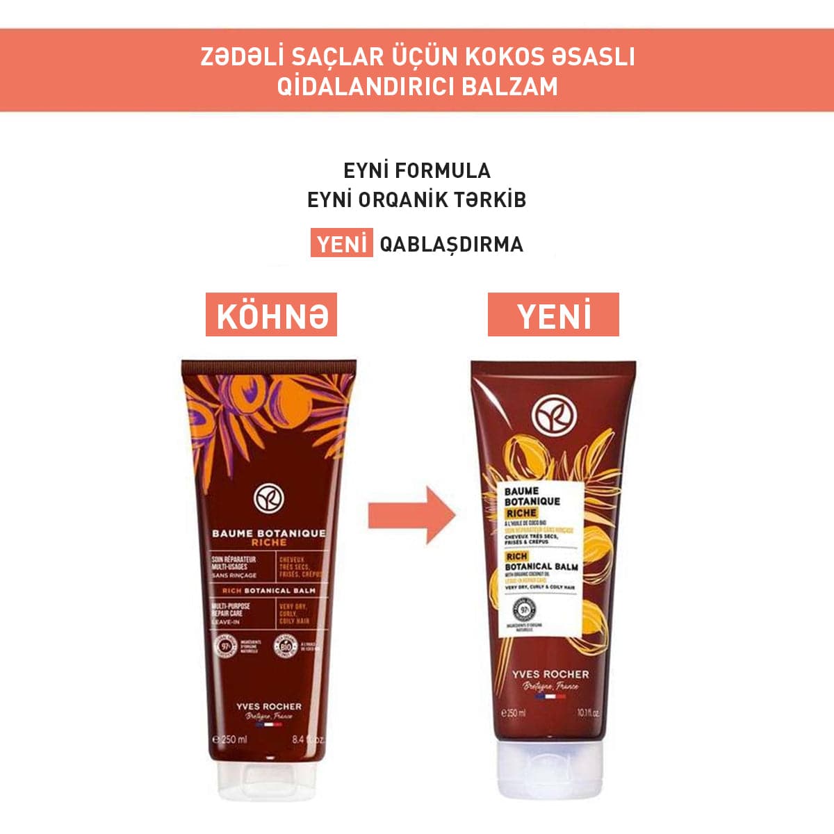 Quru və buruq saçlar üçün kokos yağı tərkibli qidalandırıcı balzam, 250 ml