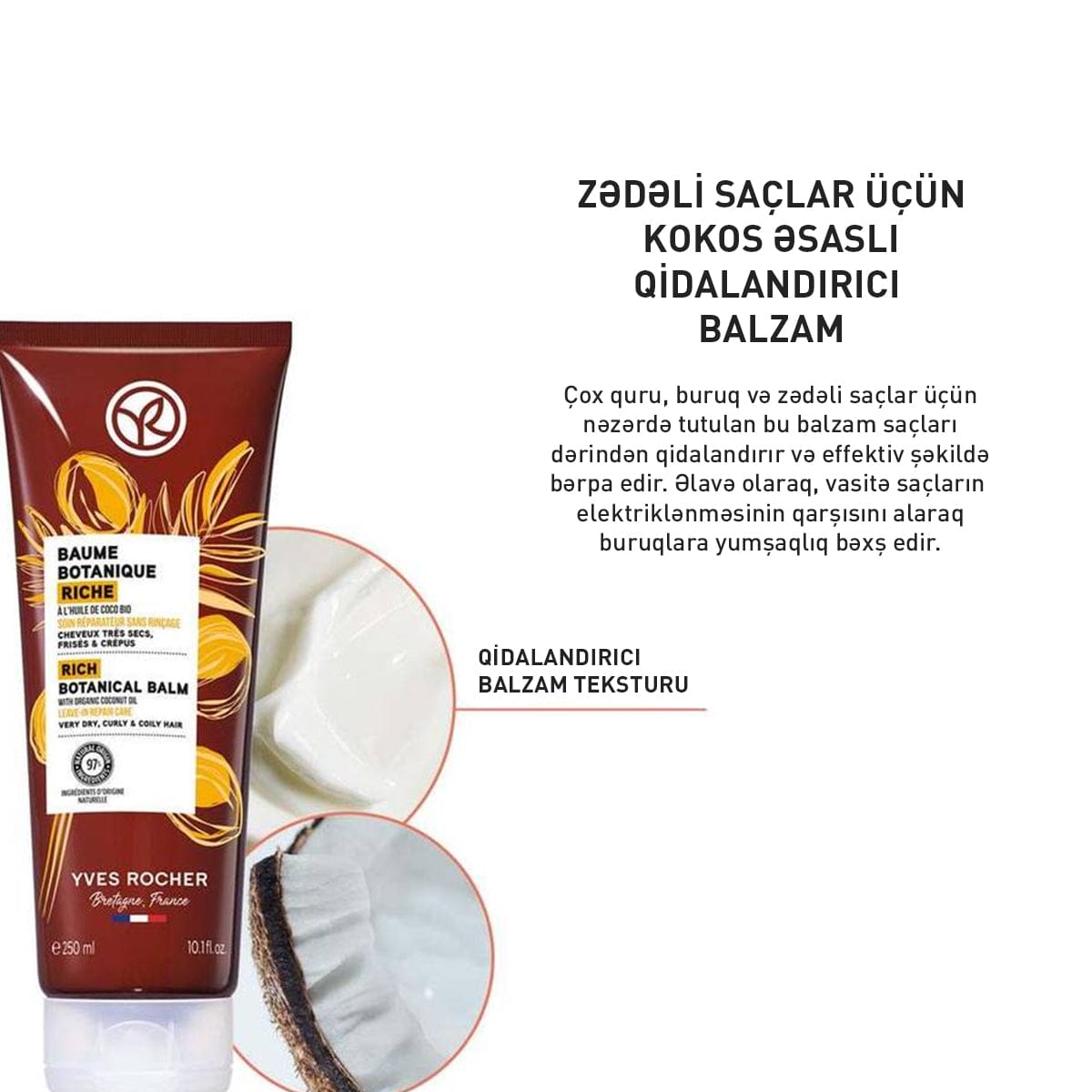 Quru və buruq saçlar üçün kokos yağı tərkibli qidalandırıcı balzam, 250 ml